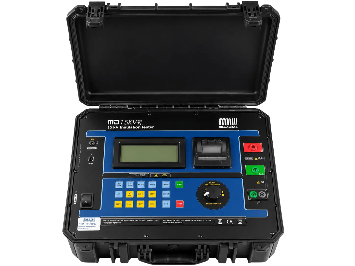 Megôhmetro / Insulation tester MD15KVR Megabras — 15 kV, com painel azul, terminais Guard e voltímetro de pressão